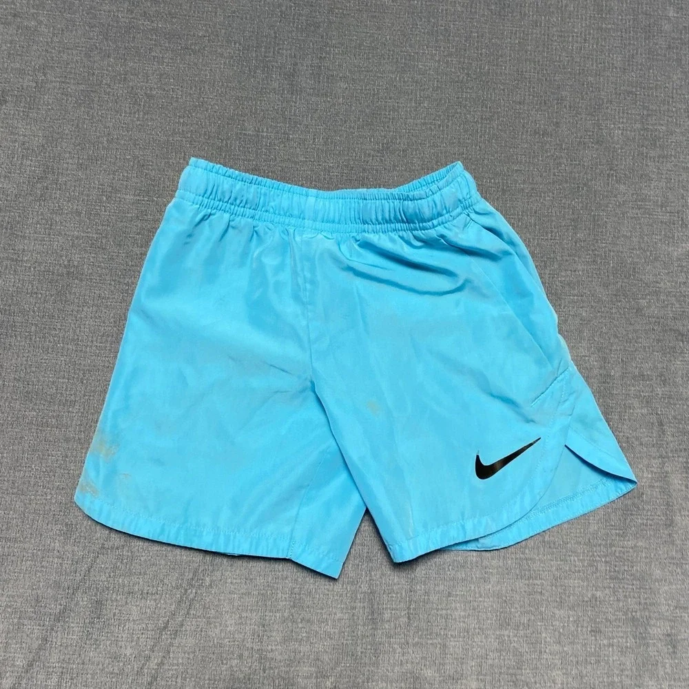 Nike Dri Fit Training‎ Shorts Boys 4 Blue Swoosh Logo Elastic Waist Side Slit